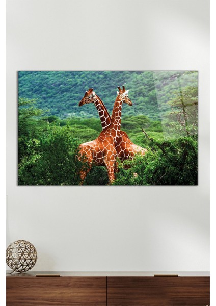 Ormanda Zürafa Çifti Yatay Cam Tablo, Modern Ev Ofis Dekoru Hediyelik Duvar Dekorasyonu Kırılmaz Cam