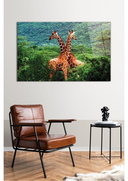 Ormanda Zürafa Çifti Yatay Cam Tablo, Modern Ev Ofis Dekoru Hediyelik Duvar Dekorasyonu Kırılmaz Cam fiyatları