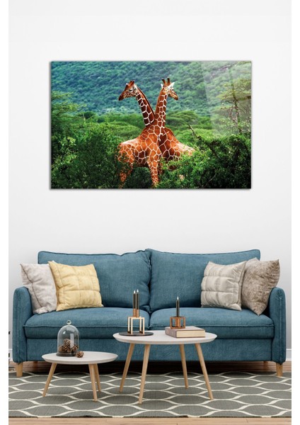 Ormanda Zürafa Çifti Yatay Cam Tablo, Modern Ev Ofis Dekoru Hediyelik Duvar Dekorasyonu Kırılmaz Cam modelleri