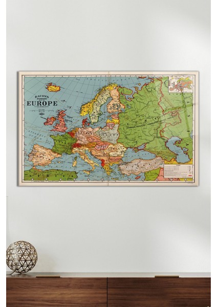 Vintage 1925 Avrupa Haritası Yatay Cam Tablo, Modern Ev Ofis Dekoru, Hediyelik Duvar Dekorasyonu