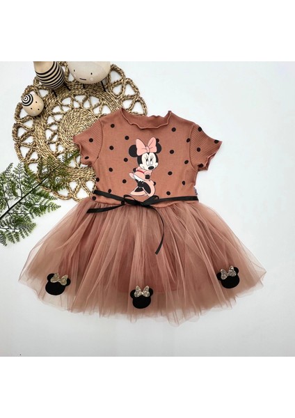 2-3-4 Yaş Puantiyeli Mickey Baskılı Kurdela Kuşaklı Astarlı Kız Bebek Tütü Elbisesi Kahverengi