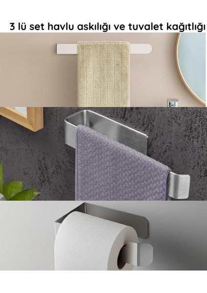 3 Lü Set / Paslanmaz Çelik Havluluk ve Tuvalet Kağıtlığı / Yapışkanlı Tasarım / 30 Cm-26 Cm-18 cm