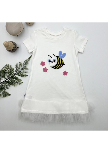 1-2-3 Yaş Arıcık Nakışlı Eteği Fırfırlı Jile Kız Çocuk Elbisesi Beyaz