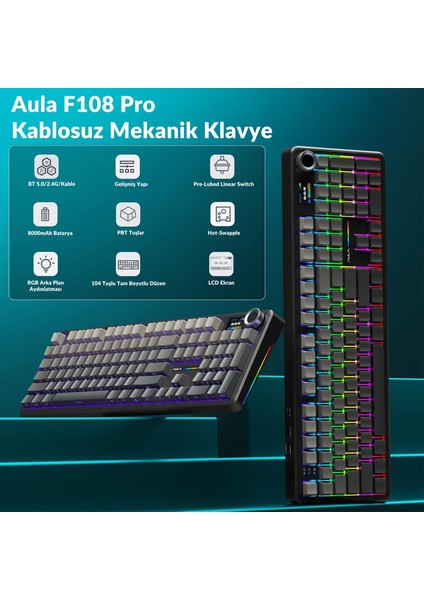 F108 Pro Ekranlı Mekanik Klavye Nimbus Switch Rgb Hot Swap 8000MAH Makrolu Oyuncu Klavyesi Gri fiyatları