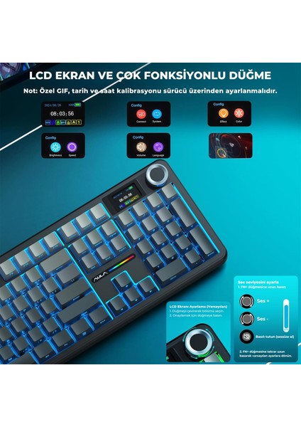 F108 Pro Ekranlı Mekanik Klavye Nimbus Switch Rgb Hot Swap 8000MAH Makrolu Oyuncu Klavyesi Gri modelleri