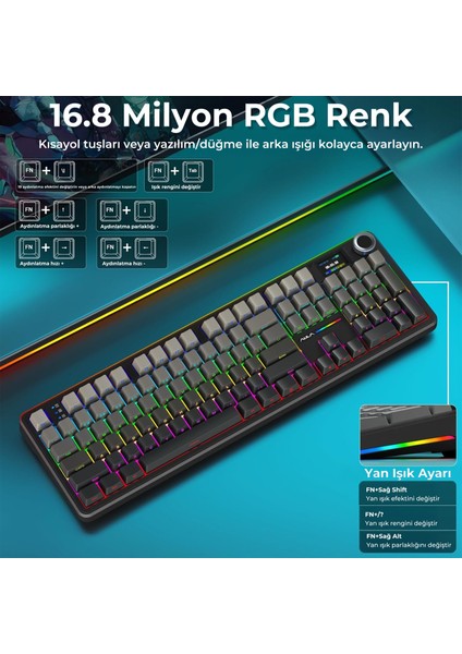 F108 Pro Ekranlı Mekanik Klavye Nimbus Switch Rgb Hot Swap 8000MAH Makrolu Oyuncu Klavyesi Gri indirimleri