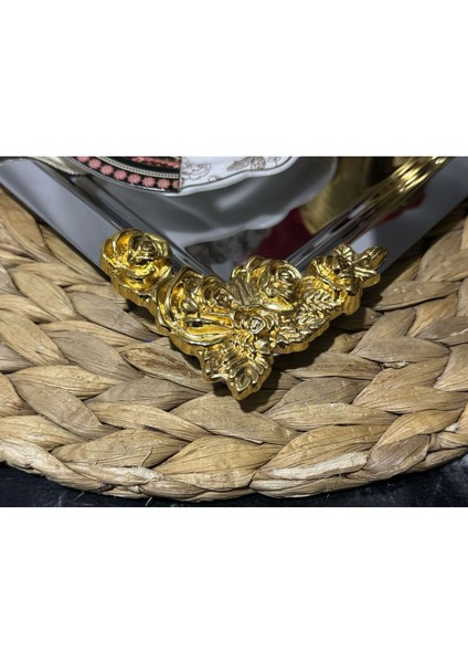 6'lı Gümüş Kare Gold Çiçek Detaylı Lüx Servis Tepsisi 21X21 fırsatları
