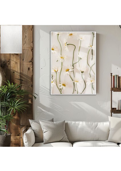 Harikabirev|papatyalar Desenli Model|çerçeveli Temperli Cam Tablo Tekli Dikey