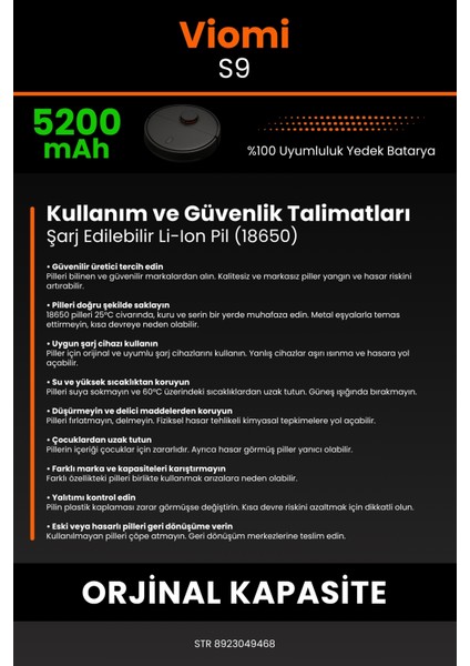 Viomi S9 5200mAh Robot Süpürge Bataryası - Yüksek Yoğunluklu Li-ion Hücre