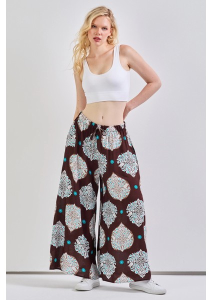 Geniş Paça Bel Lastikli Baskı Detaylı Viskon Pantolon Kahve modelleri
