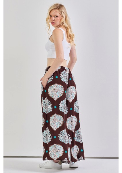 Geniş Paça Bel Lastikli Baskı Detaylı Viskon Pantolon Kahve fırsatları