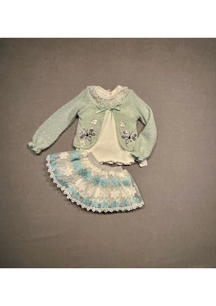 1-2-3 Yaş Brode Etekli Örme Hırkalı Uzun Kollu Sweat 3lü Kız Çocuk Takımı Su Yeşili