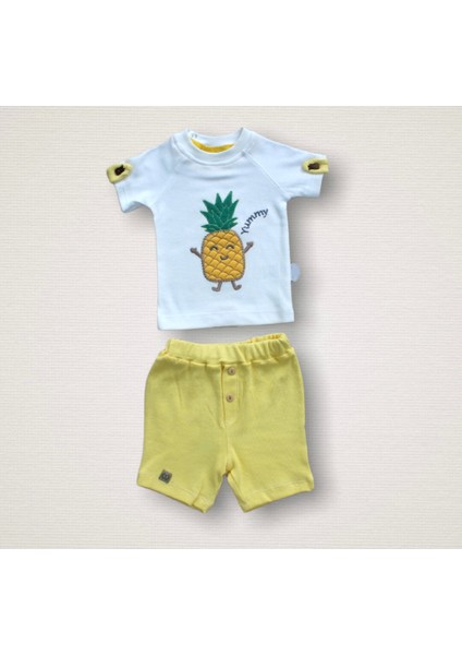 6-9 9-12 12-18 Ay Ananas Nakışlı Kısa Kollu Sweatli Şortlu 2li Kız-Erkek Bebek Takımı Sarı