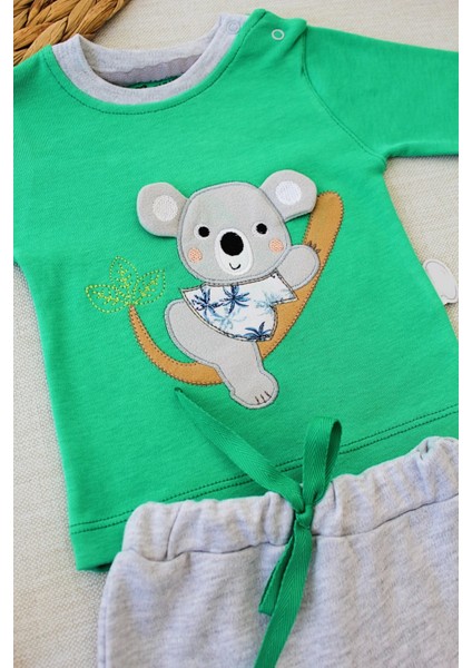 3-6 6-9 9-12 12-18 Ay Yavru Koala Nakışlı Uzun Kollu Sweat 2li Kız Erkek Bebek Takımı Yeşil fiyatları