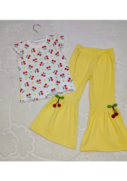 1-2-3-4 Yaş Kiraz Baskılı Tişört Ispanyol Paçalı Likralı 2li Kız Çocuk Takımı Sarı