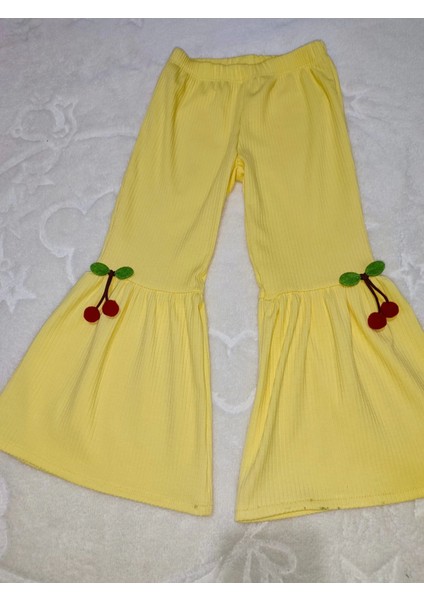 1-2-3-4 Yaş Kiraz Baskılı Tişört Ispanyol Paçalı Likralı 2li Kız Çocuk Takımı Sarı modelleri