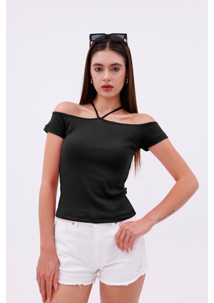 Hanger Omuz Dekolteli Çapraz Askılı Kısa Kollu Kadın Bluz, Boyun Askılı Kaşkorse Kumaş fiyatları