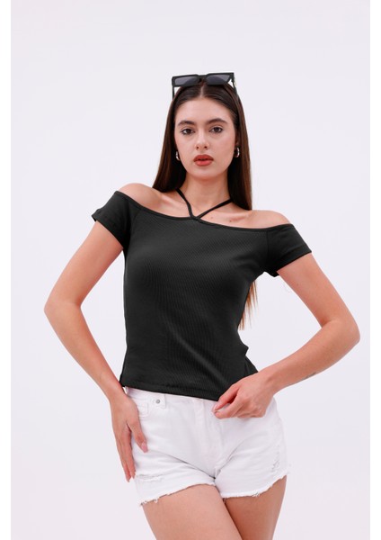 Hanger Omuz Dekolteli Çapraz Askılı Kısa Kollu Kadın Bluz, Boyun Askılı Kaşkorse Kumaş modelleri