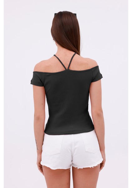 Hanger Omuz Dekolteli Çapraz Askılı Kısa Kollu Kadın Bluz, Boyun Askılı Kaşkorse Kumaş fırsatları