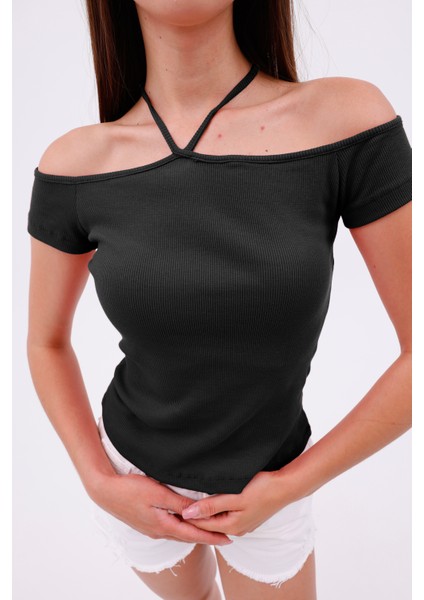 Hanger Omuz Dekolteli Çapraz Askılı Kısa Kollu Kadın Bluz, Boyun Askılı Kaşkorse Kumaş indirimleri