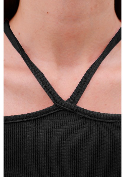 Hanger Omuz Dekolteli Çapraz Askılı Kısa Kollu Kadın Bluz, Boyun Askılı Kaşkorse Kumaş