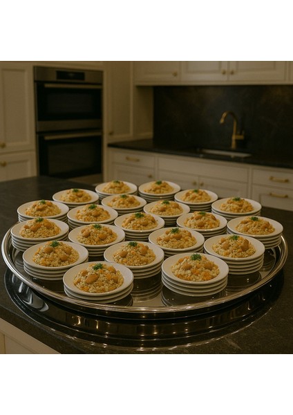 Paslanmaz Çelik Yuvarlak Servis Sini 85 Cm, Desenli ve Dayanıklı Tasarım