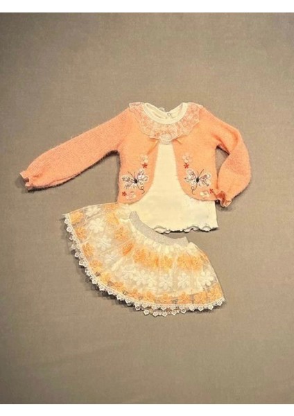 1-2-3 Yaş Brode Etekli Örme Hırkalı Uzun Kollu Sweat 3lü Kız Çocuk Takımı Somon