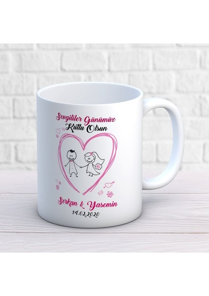 Kişiye Özel Sevgililer Günümüz Kutlu Olsun Çizgisel Kalp Kupa Bardak