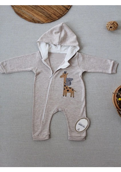 6-9 9-12 Ay Ef Çizgi Boy Fermuarlı Zürafa Nakışlı Kapşonlu Kız Erkek Bebek Tulumu Kahvemelanj fiyatları