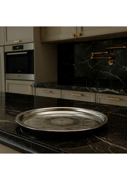 Gri Paslanmaz Çelik Yuvarlak Servis Sini 75 Cm, Desenli, Şık ve Dayanıklı fiyatları