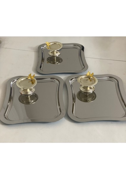Şık 3'lü Çelik Servis Tepsisi ve Gümüş Kelebekli Makaronluk 26X36 cm