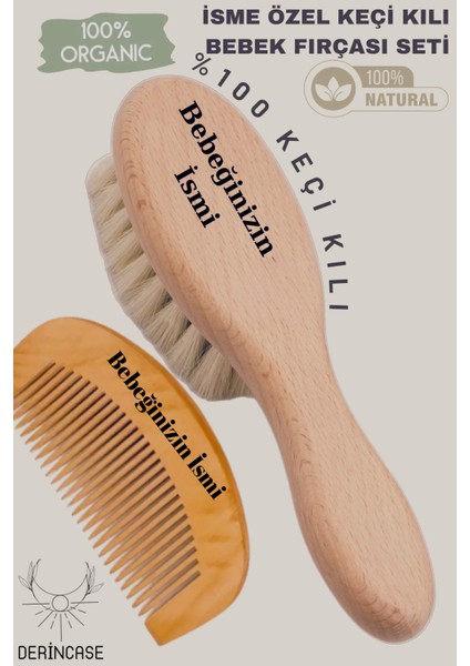 Lazer Yazım Isme Özel %100 Doğal ve Yumuşak Keçi Kılı Fırça ve Ahşap Tarak Seti+Bez Kese Hediyeli