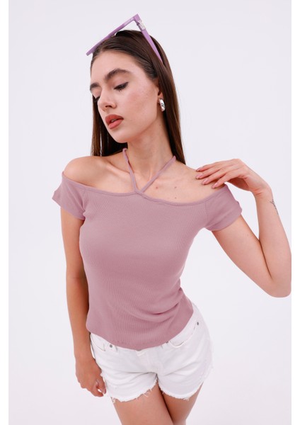 Hanger Omuz Dekolteli Çapraz Askılı Kısa Kollu Kadın Bluz, Boyun Askılı Kaşkorse Kumaş