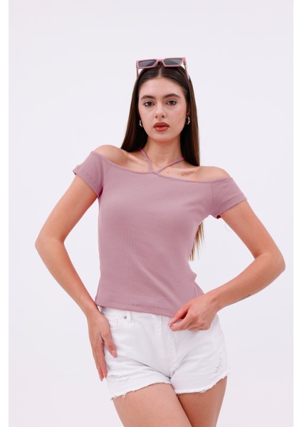 Hanger Omuz Dekolteli Çapraz Askılı Kısa Kollu Kadın Bluz, Boyun Askılı Kaşkorse Kumaş fiyatları