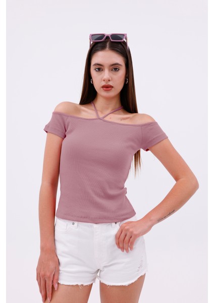 Hanger Omuz Dekolteli Çapraz Askılı Kısa Kollu Kadın Bluz, Boyun Askılı Kaşkorse Kumaş modelleri