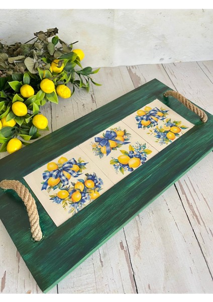 Yeşil, Halat Saplı, Limon Desenli, Kenarları Çıtmalı, Karolü Tepsi fiyatları