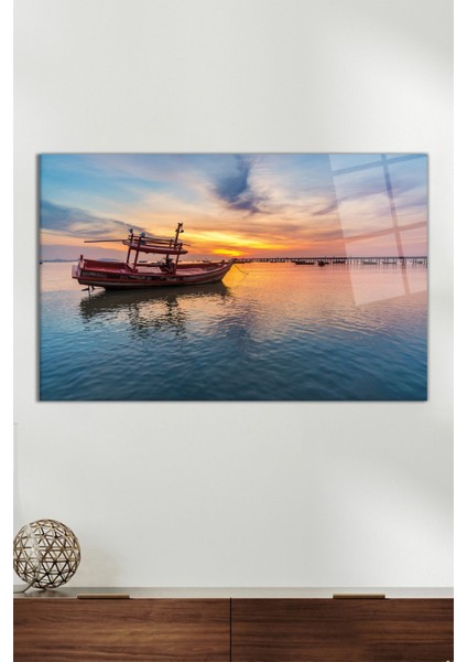 Sazlık ve Kayık Yatay Cam Tablo, Modern Ev Ofis Dekoru, Hediyelik Duvar Dekorasyonu, Kırılmaz Cam