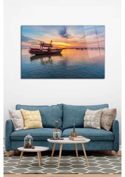 Sazlık ve Kayık Yatay Cam Tablo, Modern Ev Ofis Dekoru, Hediyelik Duvar Dekorasyonu, Kırılmaz Cam modelleri
