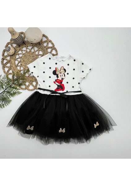 2-3-4 Yaş Puantiyeli Mickey Baskılı Kurdela Kuşaklı Astarlı Kız Bebek Tütü Elbisesi Siyah