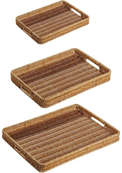 3'lü Rattan Tepsi Seti, Dekoratif Hasır Örme, Açık Krem, Çok Renkli fiyatları
