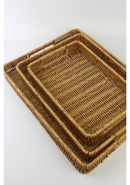 3'lü Rattan Tepsi Seti, Dekoratif Hasır Örme, Açık Krem, Çok Renkli modelleri