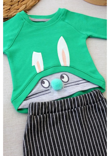 3-6 6-9 9-12 Ay Şımarık Tavşan Nakışlı Şapkalı Uzun Kollu Sweat 3lü Kız-Erkek Bebek Takımı Yeşil fiyatları