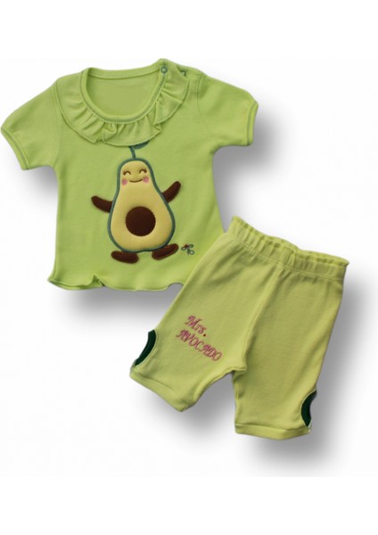 3-6 6-9 9-12 12-18 Ay Avokado Nakışlı Kısa Kollu Sweatli Şortlu 2li Kız-Erkek Bebek Takımı Yeşil