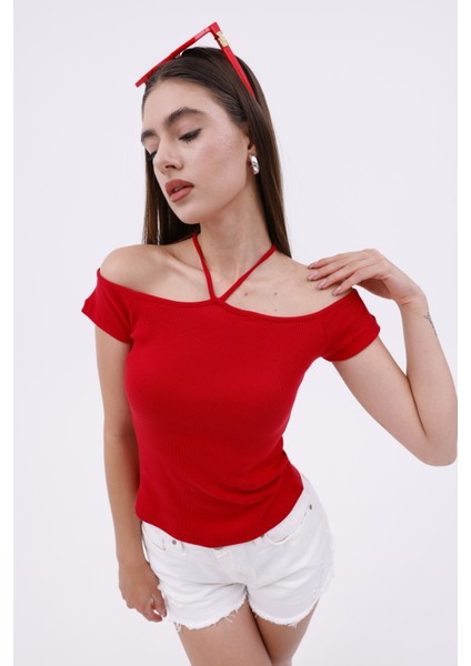 Hanger Omuz Dekolteli Çapraz Askılı Kısa Kollu Kadın Bluz, Boyun Askılı Kaşkorse Kumaş