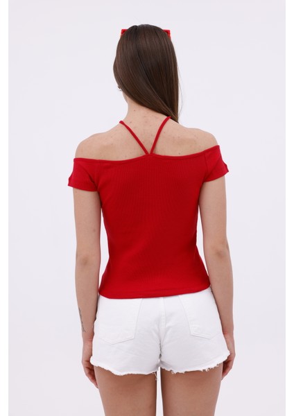 Hanger Omuz Dekolteli Çapraz Askılı Kısa Kollu Kadın Bluz, Boyun Askılı Kaşkorse Kumaş fiyatları