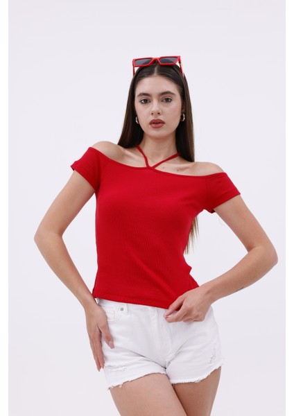 Hanger Omuz Dekolteli Çapraz Askılı Kısa Kollu Kadın Bluz, Boyun Askılı Kaşkorse Kumaş modelleri