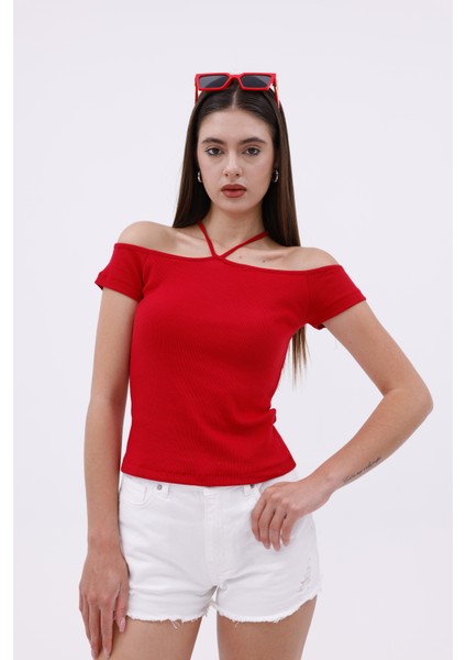 Hanger Omuz Dekolteli Çapraz Askılı Kısa Kollu Kadın Bluz, Boyun Askılı Kaşkorse Kumaş fırsatları