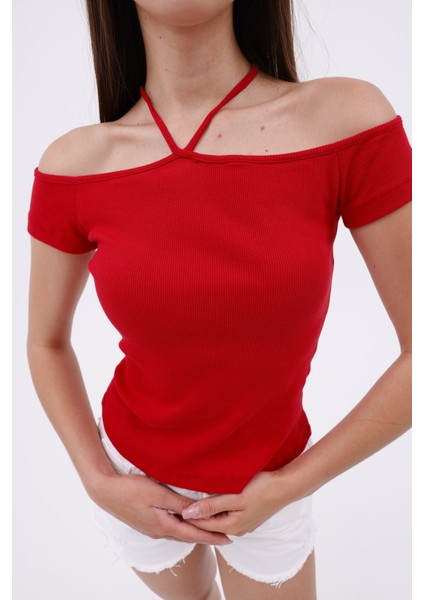 Hanger Omuz Dekolteli Çapraz Askılı Kısa Kollu Kadın Bluz, Boyun Askılı Kaşkorse Kumaş