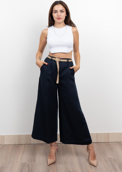 Midi Boy Hasır Kemerli Keten Pantolon 30278