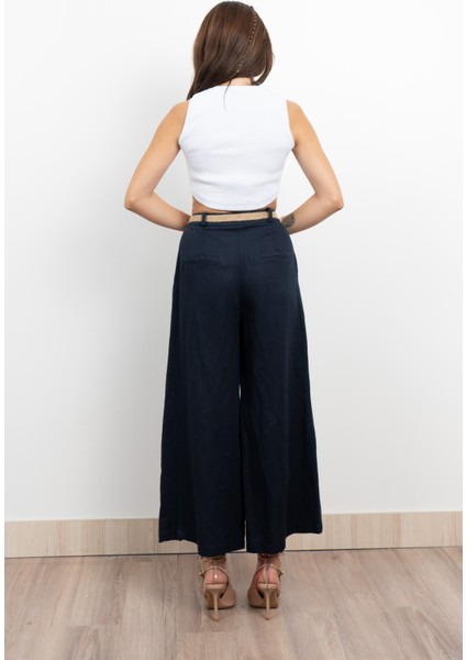 Midi Boy Hasır Kemerli Keten Pantolon 30278 modelleri